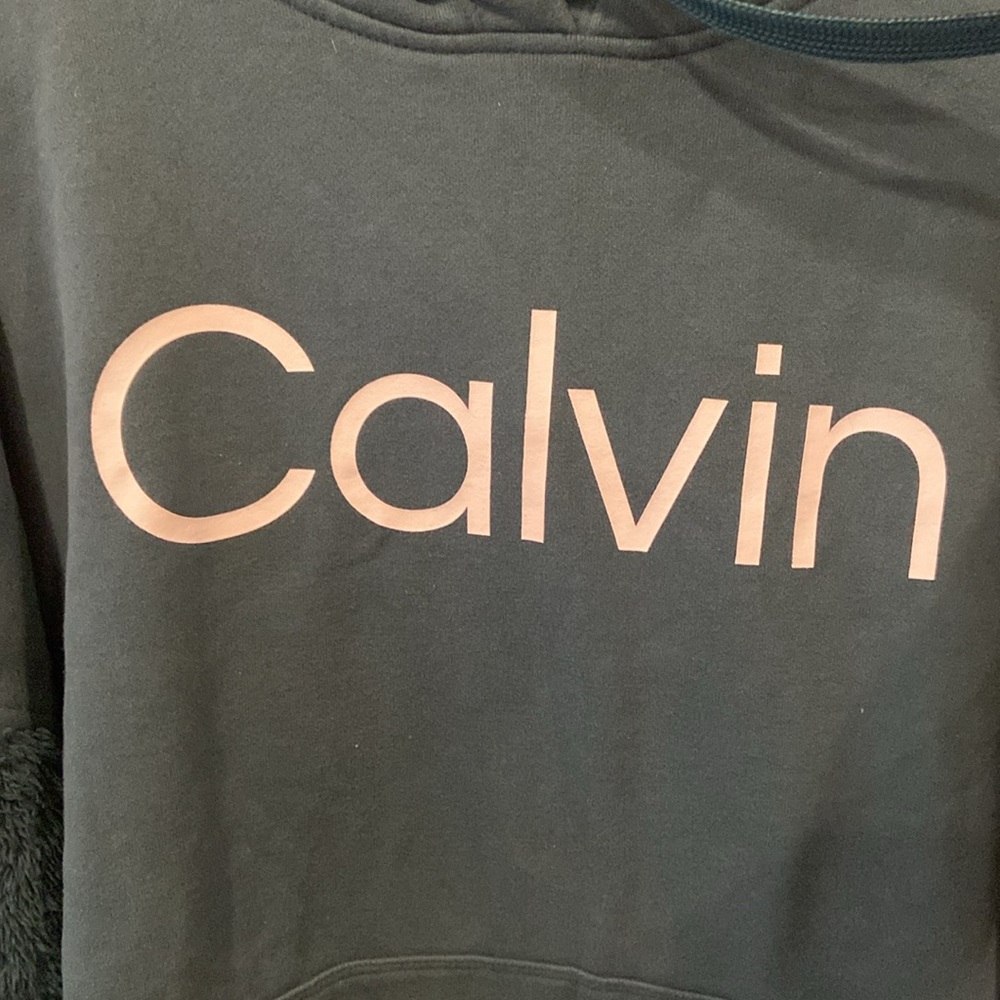 Calvin Klein Teal Hoodie with Fuzzy Sleeves - Picture 3 of 7